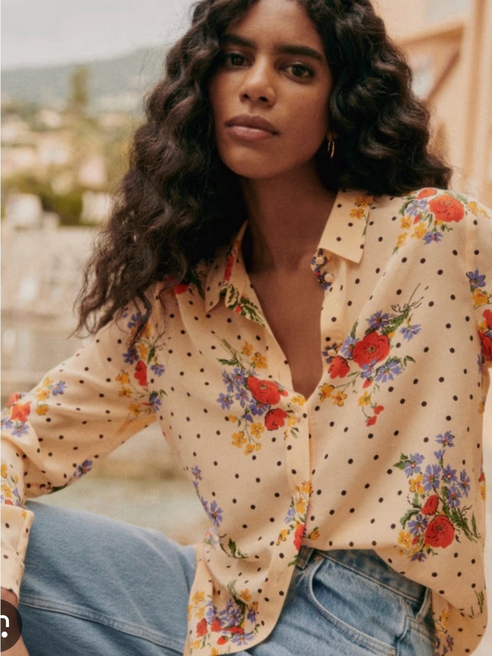 Sezane women’s silk  Floral Polka Dot/flower pattern Button-Up Shirt